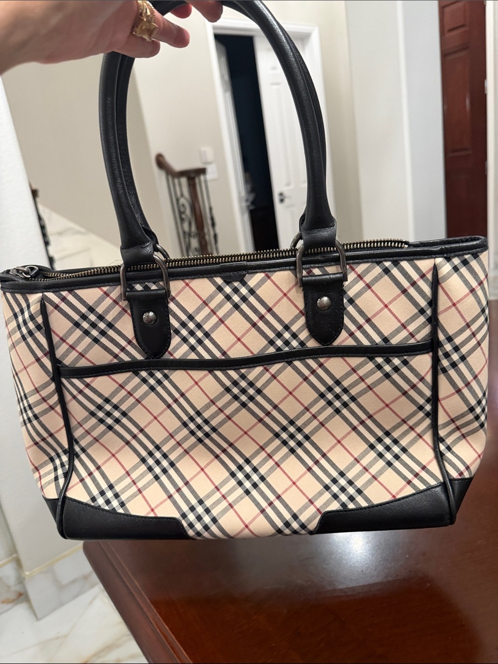 Burberry Beige Plaid Tote with Black Trim